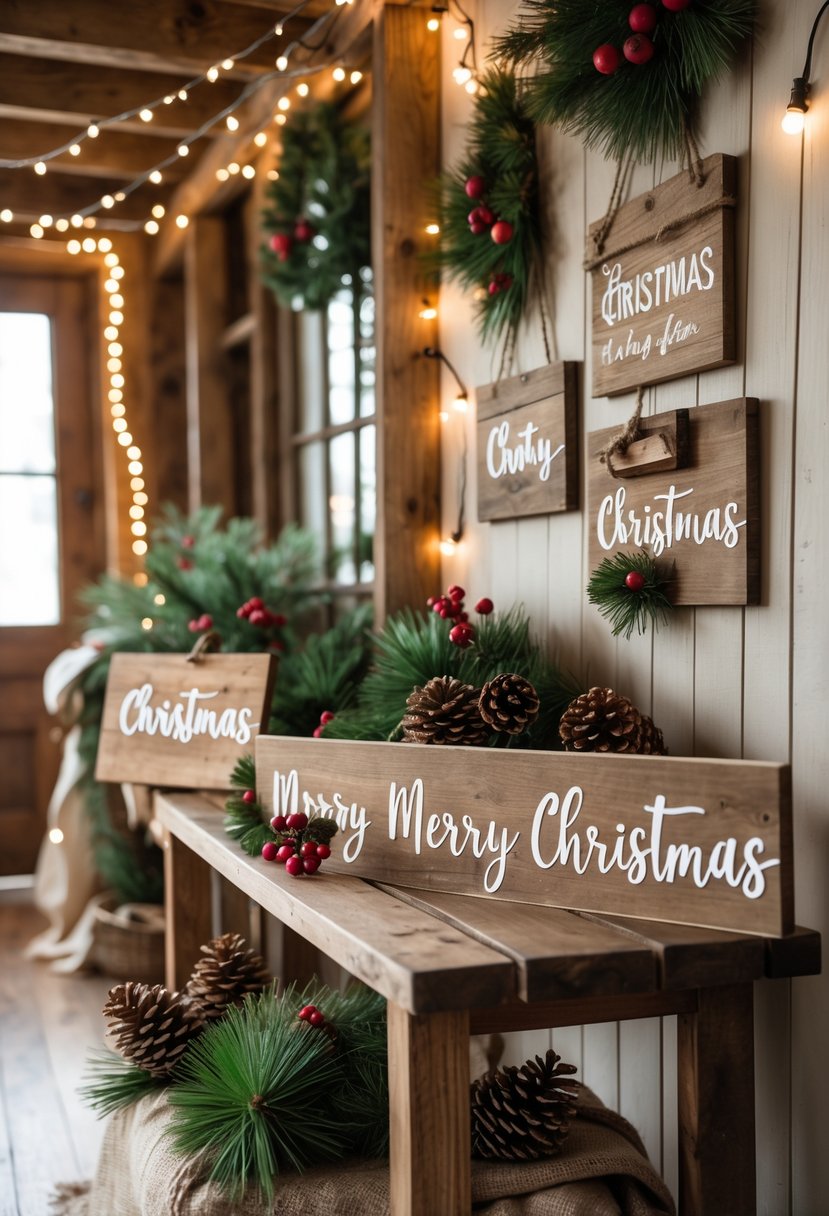 A cozy rustic farmhouse scene with wooden Christmas signs and festive decorations including pine branches, pine cones, and string lights.