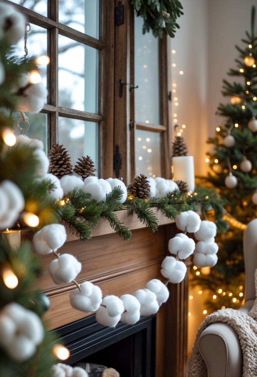 A cozy living room decorated for Christmas with handmade cotton ball garlands draped on a wooden mantel and window, surrounded by pinecones, eucalyptus, and soft fairy lights.