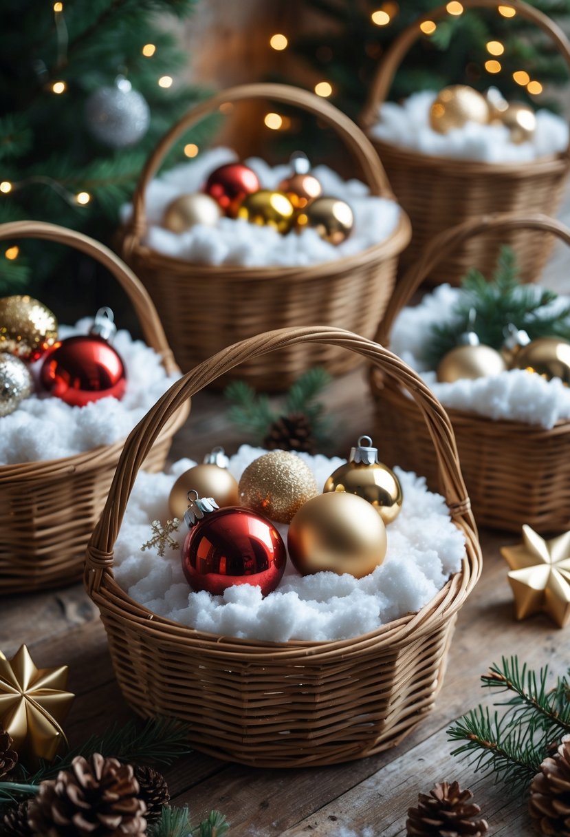 Wicker baskets filled with faux snow and Christmas ornaments arranged on a wooden surface with holiday decorations.
