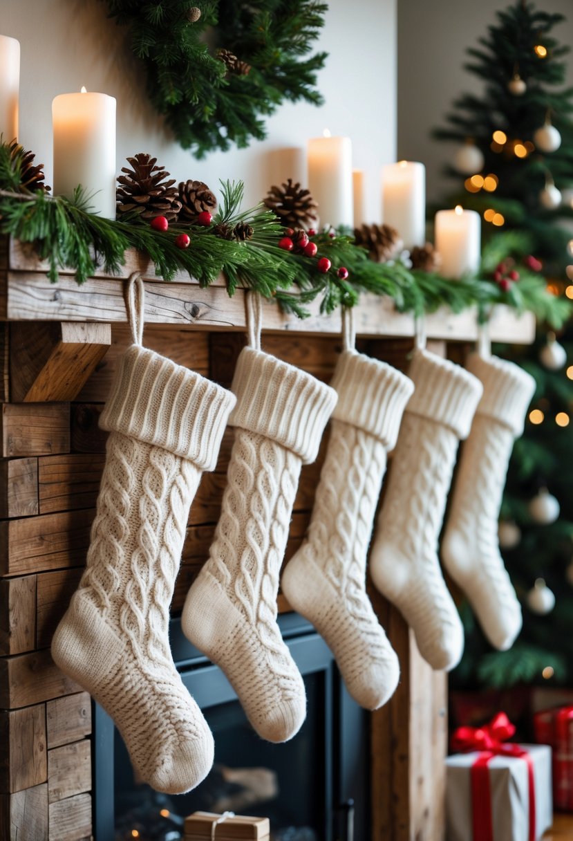 A wooden mantel with five Christmas stockings hanging, decorated with pine cones, evergreen sprigs, red berries, and candles.