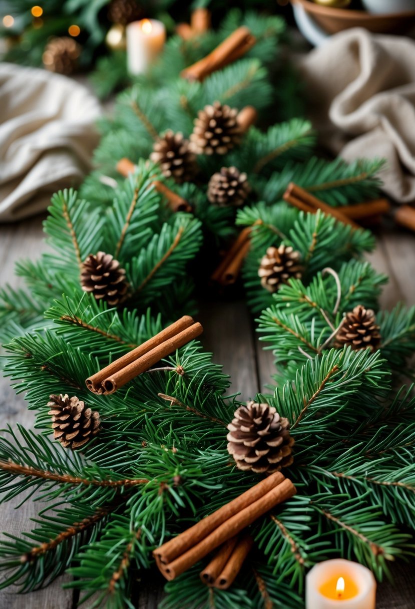 Natural evergreen garlands decorated with cinnamon sticks arranged on a wooden surface with warm Christmas decorations in the background.