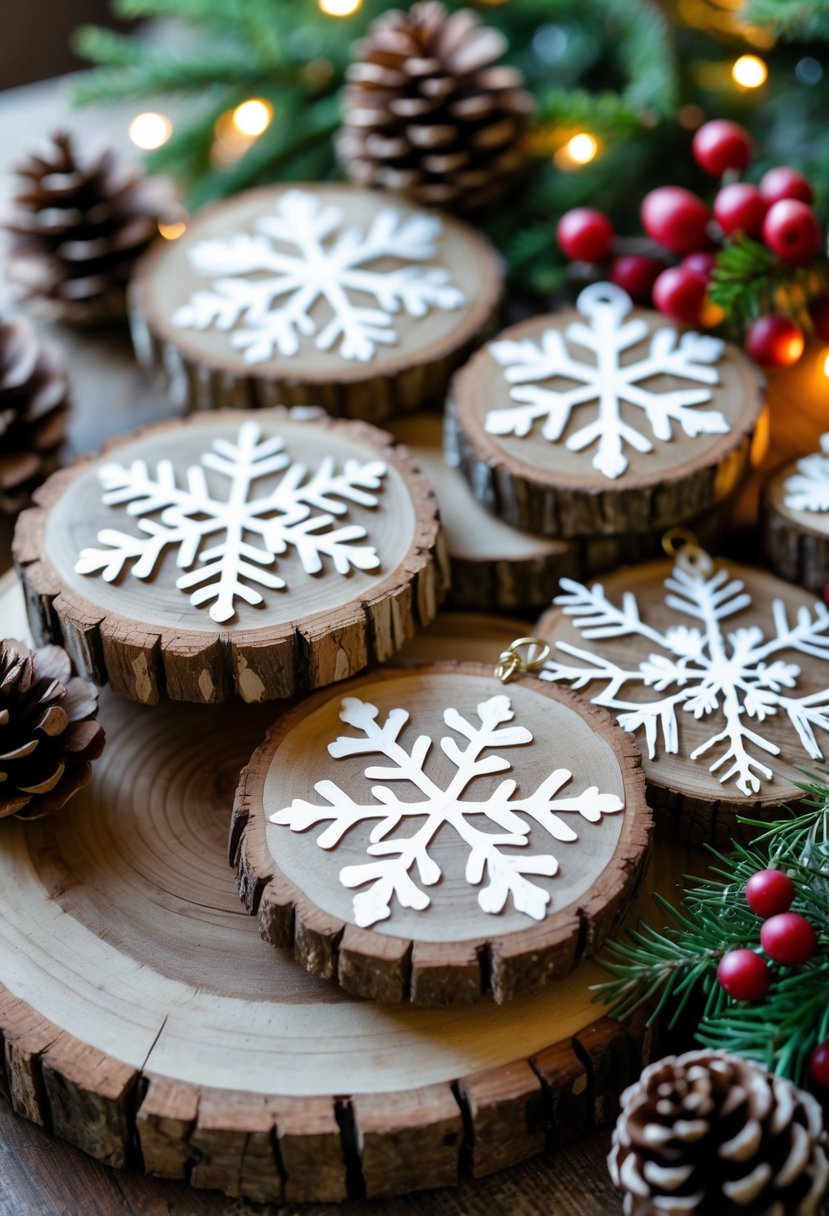 Wood slice ornaments with hand-painted snowflakes arranged with pinecones and evergreen sprigs on a wooden surface.