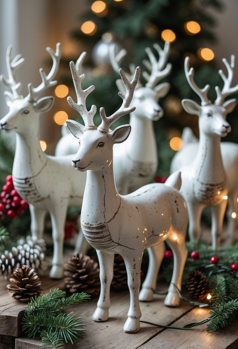 A group of white ceramic reindeer figurines on a wooden surface surrounded by pine cones, evergreen branches, red berries, and warm lights.