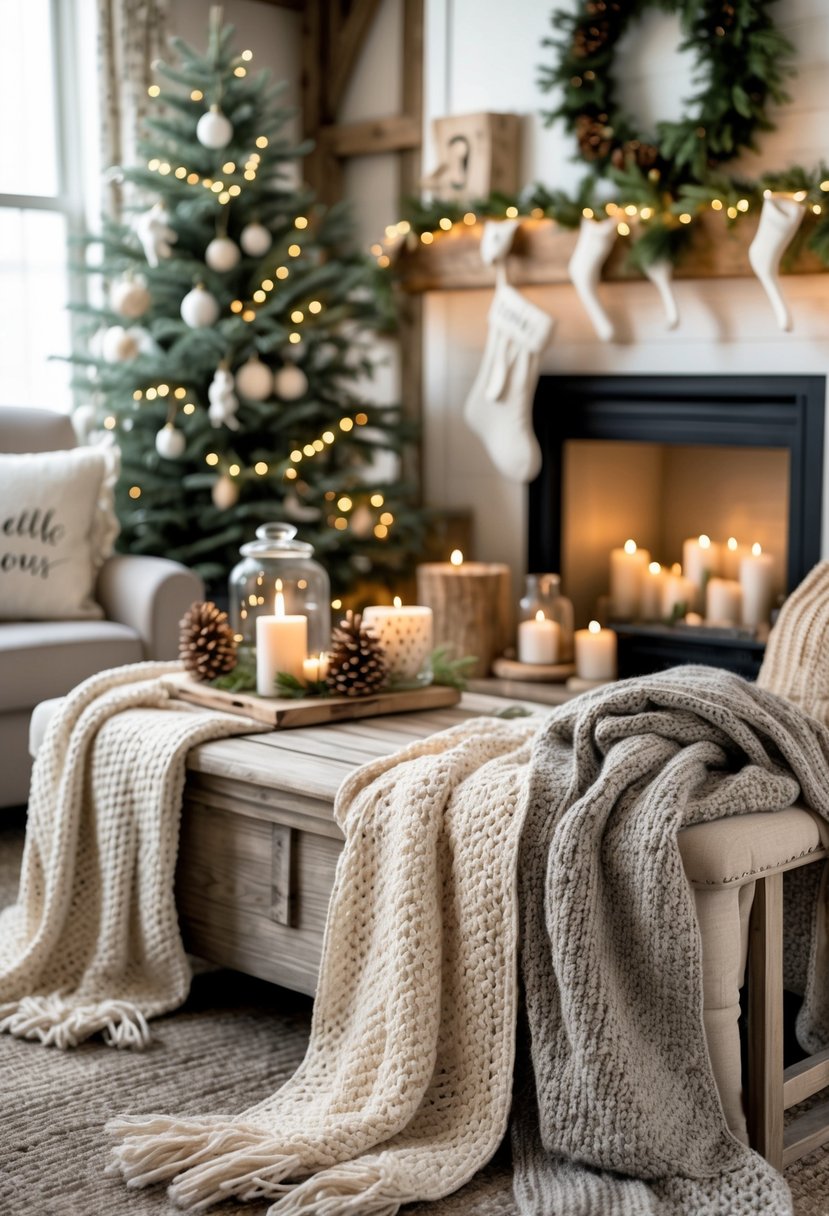 Cozy living room with knitted throw blankets in neutral colors and farmhouse Christmas decorations including a small pine tree, candles, and rustic ornaments.
