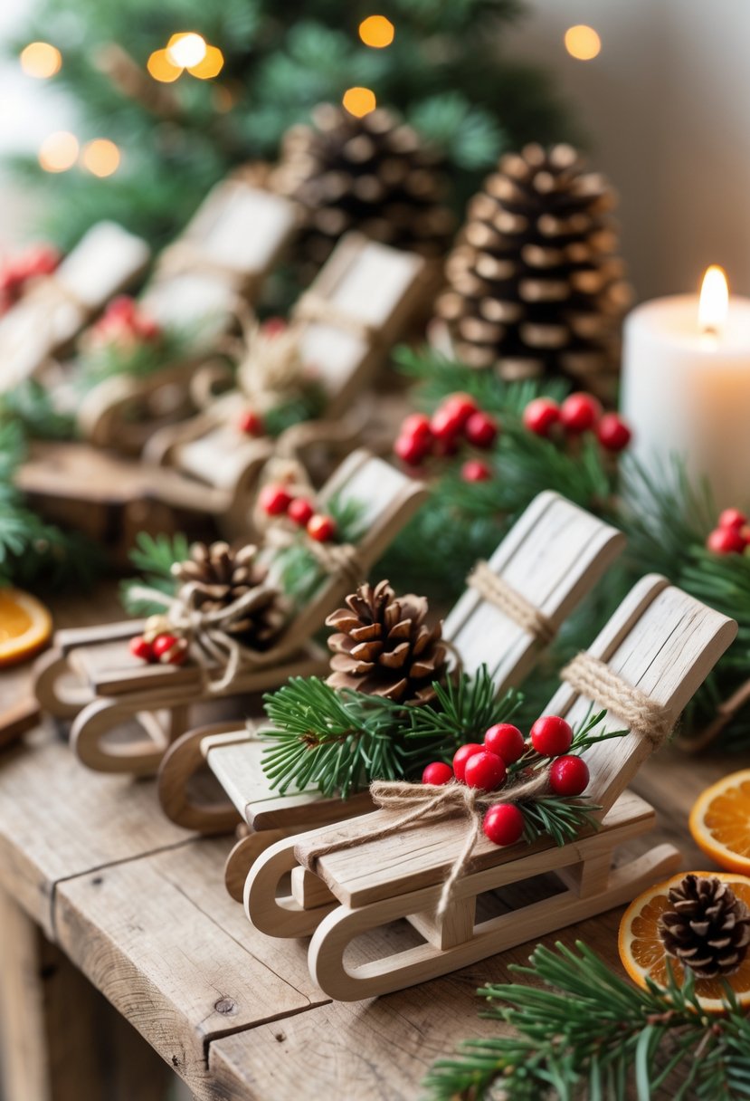 A collection of 15 miniature wooden sled decorations arranged with pinecones, red berries, and evergreen sprigs on a wooden surface.