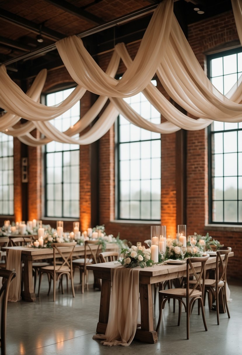 Wedding reception area with exposed brick walls, soft drapery, wooden tables, floral centerpieces, and warm lighting.