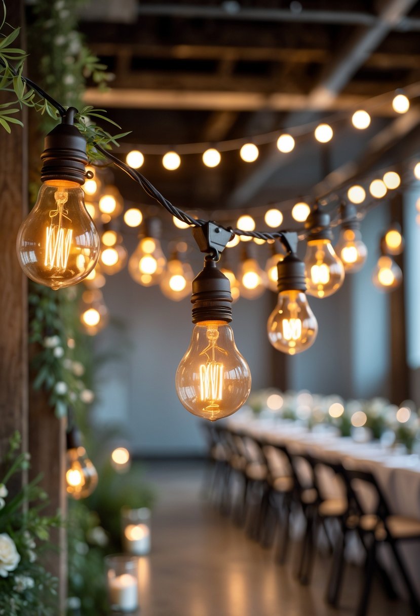 Glowing string of vintage Edison bulbs hanging with greenery and wedding decor in an industrial setting.