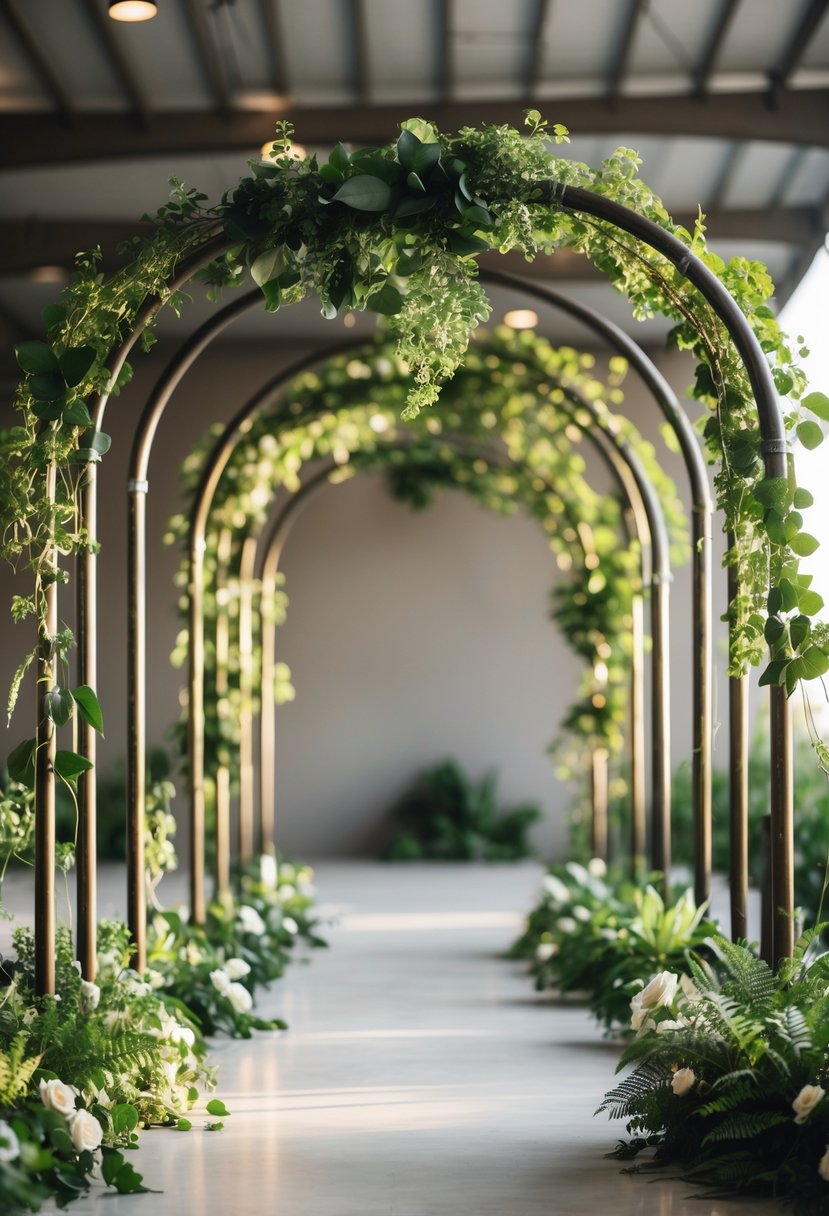 Metal pipe arches adorned with green plants arranged as wedding decorations.