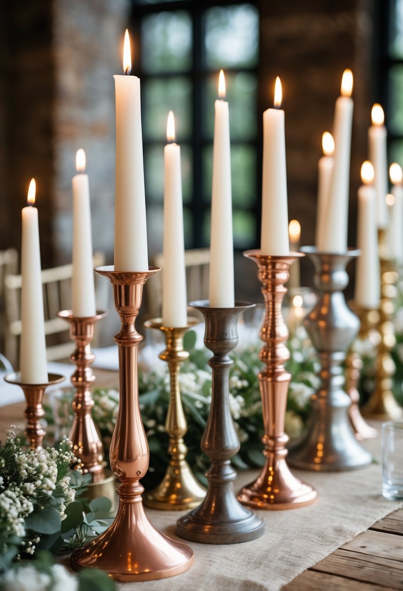 A group of copper and brass candle holders with lit white candles arranged on a wooden table decorated with greenery and small white flowers.