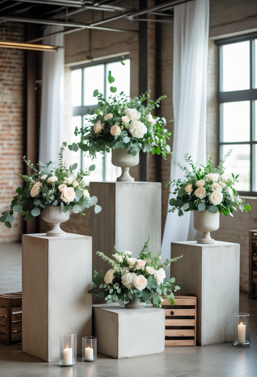 Concrete plinths displaying floral arrangements with greenery and flowers in an industrial wedding setting.