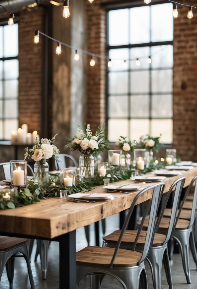 A wedding reception setup with wooden tables and metal chairs decorated with flowers and candles in a bright room.