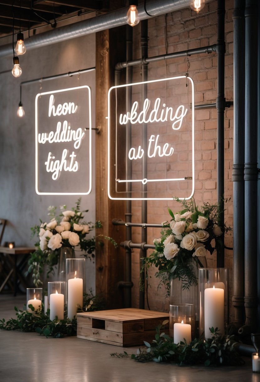 A wedding venue decorated with glowing neon signs on brick walls, surrounded by industrial elements like metal pipes, string lights, flowers, and candles.