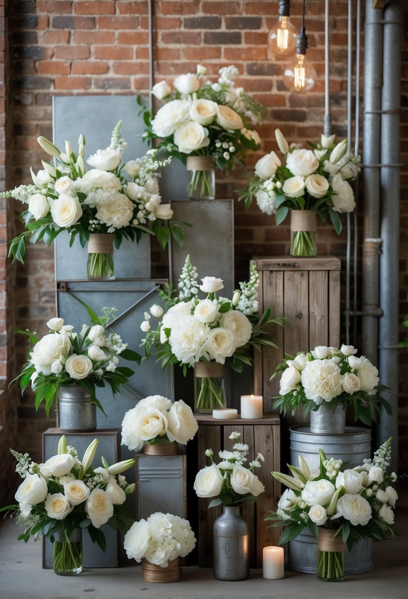 White floral arrangements displayed against rough brick walls and metal surfaces in a wedding decor setting.