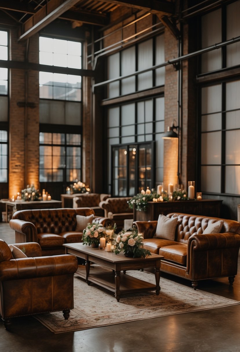 A lounge area with distressed leather sofas and armchairs arranged around wooden tables in an industrial-style wedding venue with exposed brick walls and large windows.