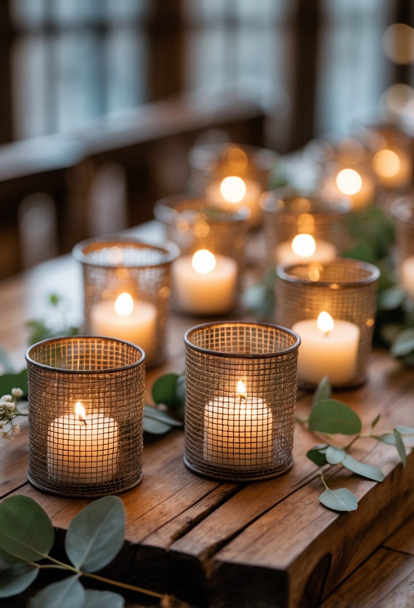 A group of wire mesh votive candle holders with lit candles arranged on a wooden surface with greenery.