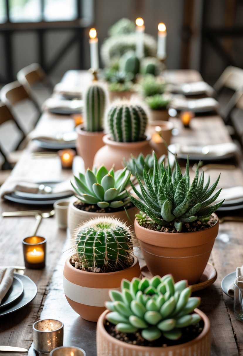 A table with potted cacti and succulents arranged as centerpieces in a wedding setting.