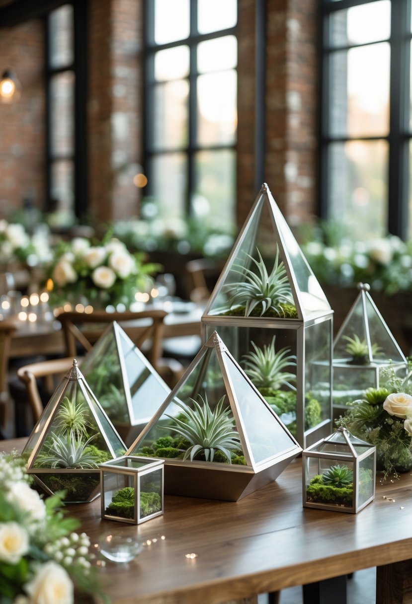A collection of polished steel geometric terrariums with plants inside, arranged on a wooden surface in a wedding venue.