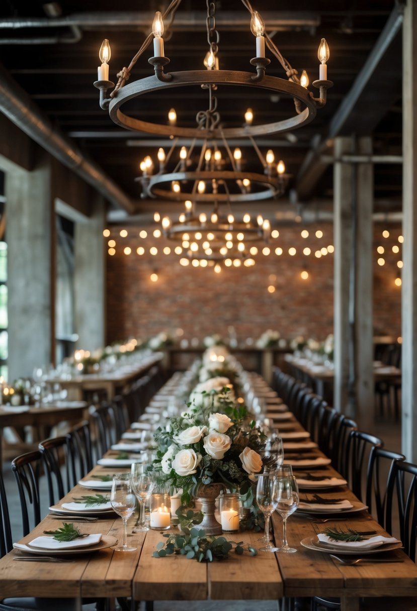 A wedding venue with heavy iron chandeliers hanging from the ceiling, dim lighting, and tables set for a celebration.