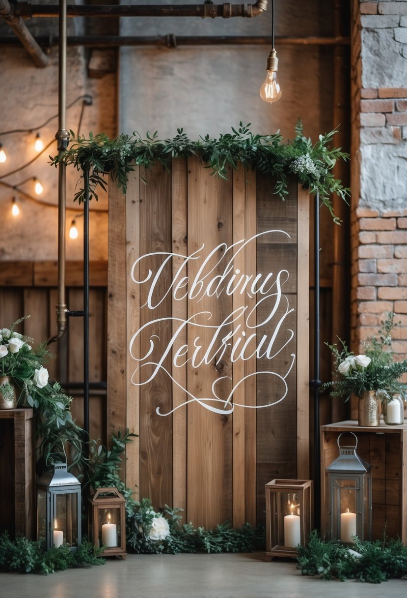 A reclaimed wood sign with elegant calligraphy surrounded by industrial wedding decorations including metal pipes, string lights, lanterns, and greenery.