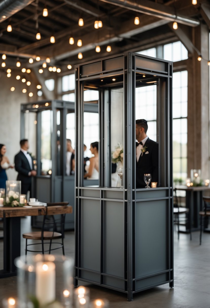 Steel-framed photo booths with industrial design elements set up in a wedding venue with guests and elegant decorations.