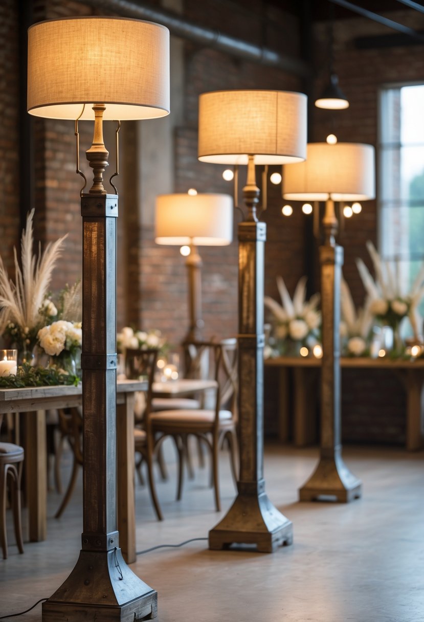 A collection of vintage floor lamps with fabric shades arranged as wedding decorations in a warmly lit venue.