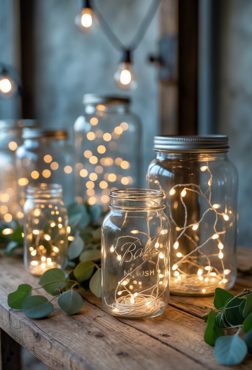 Glass jars filled with glowing fairy lights arranged on a wooden surface with greenery and industrial decor elements.