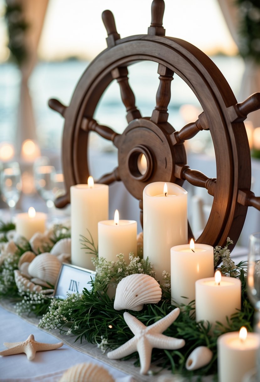 A wooden ship's wheel centerpiece on a table with white candles and small seashell decorations.