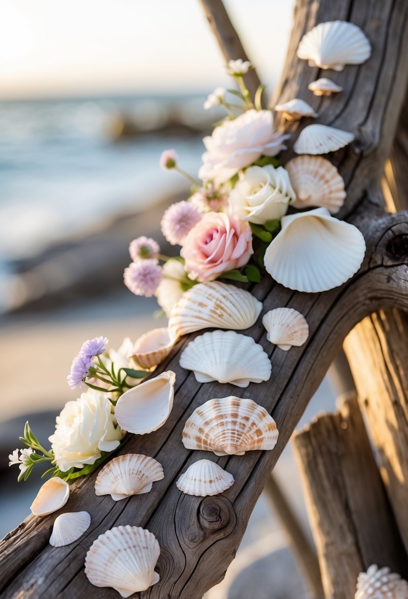 A piece of driftwood decorated with seashells and fresh flowers on a blurred background.