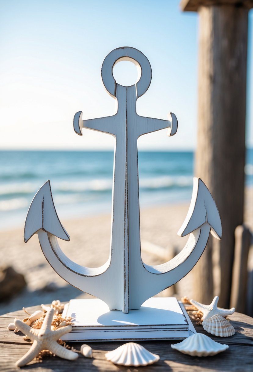 An anchor-shaped guest book stand on a wooden table surrounded by seashells and starfish with a beach background.