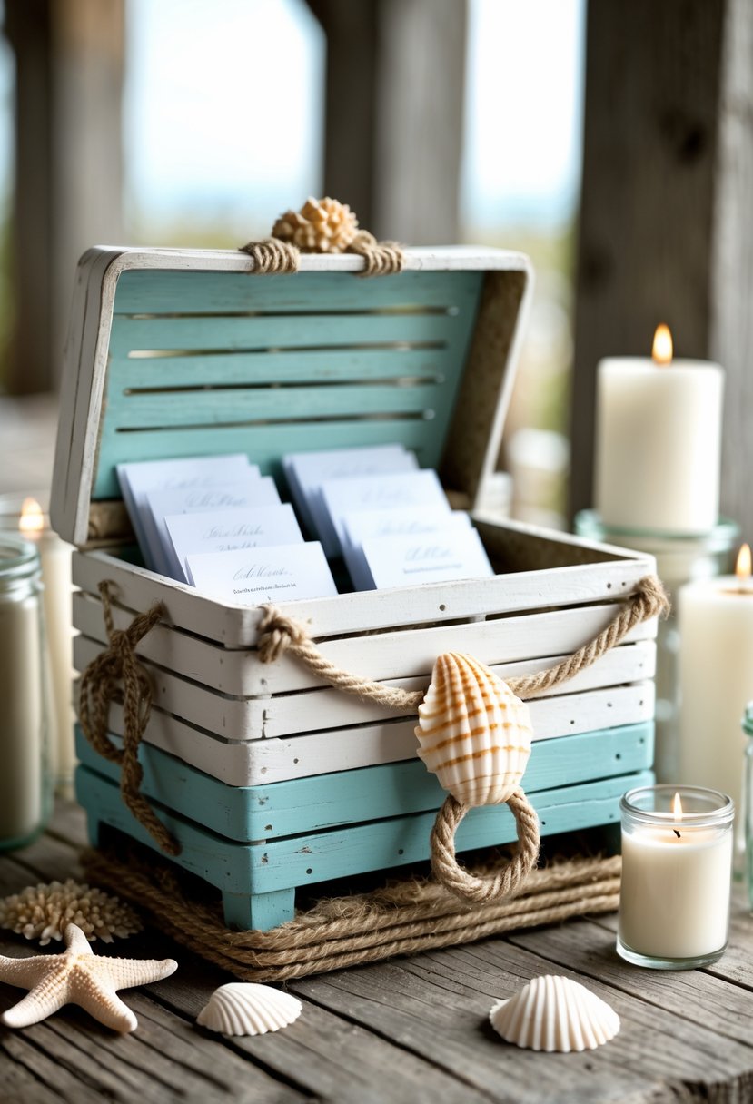 Lobster trap card box holding wedding cards on a wooden table with seashells and candles around it.