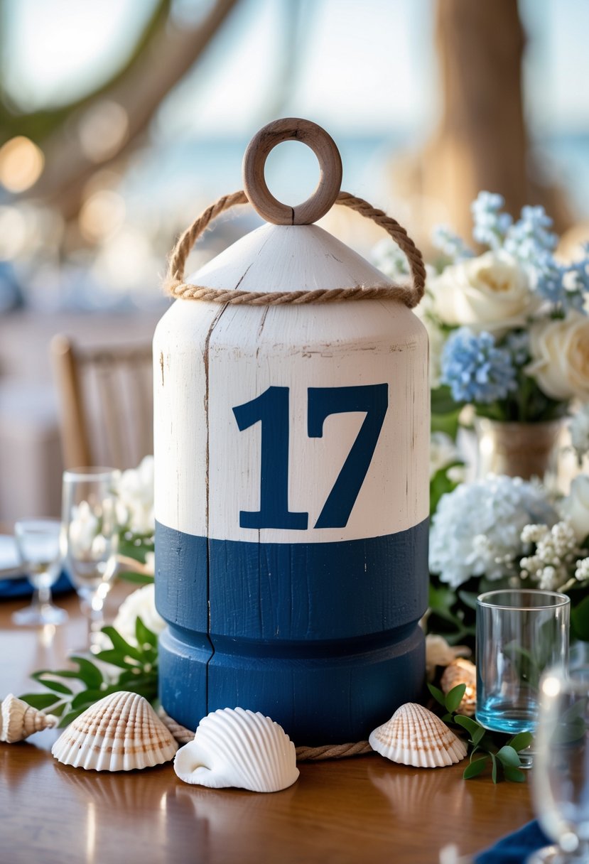 A wooden buoy painted with the number 17 on a table surrounded by seashells, flowers, and coastal decorations.