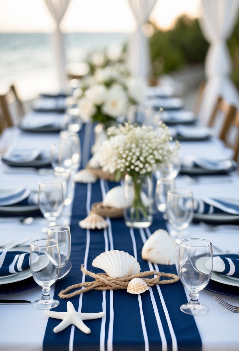 A wedding table set with navy blue and white striped runners, decorated with seashells, starfish, white flowers, plates, and glassware.