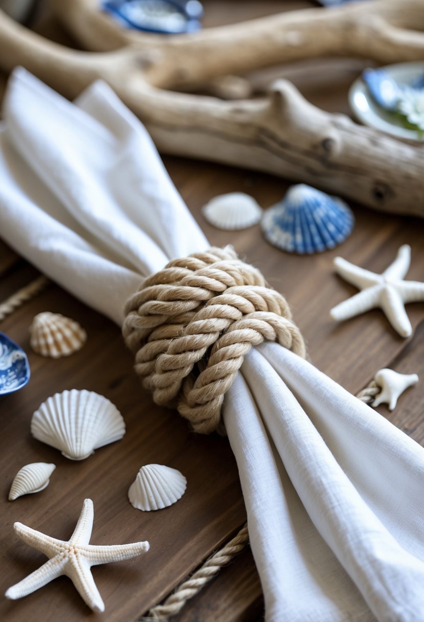 Close-up of sailor knot napkin rings holding white napkins on a wooden table with seashells and starfish nearby.