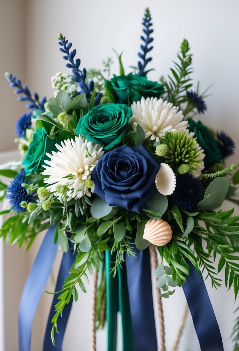 A floral arrangement with emerald green and navy blue flowers accented by nautical-themed decorations like ribbons and seashells.