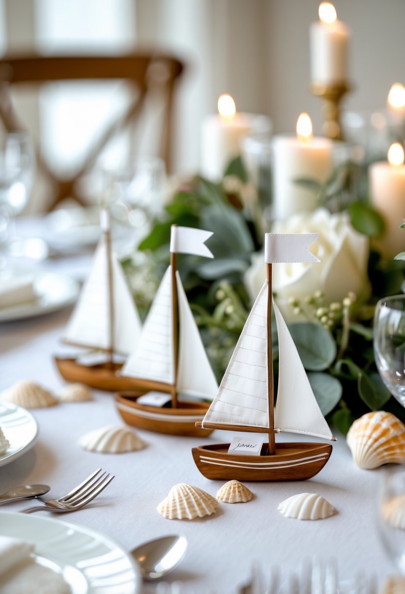 Mini sailboat place card holders arranged on a wedding table with seashells and greenery.