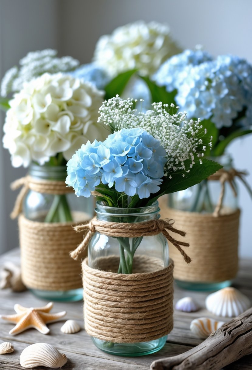 Mason jars wrapped in rope holding white and blue flowers on a wooden table with seashells and starfish nearby.