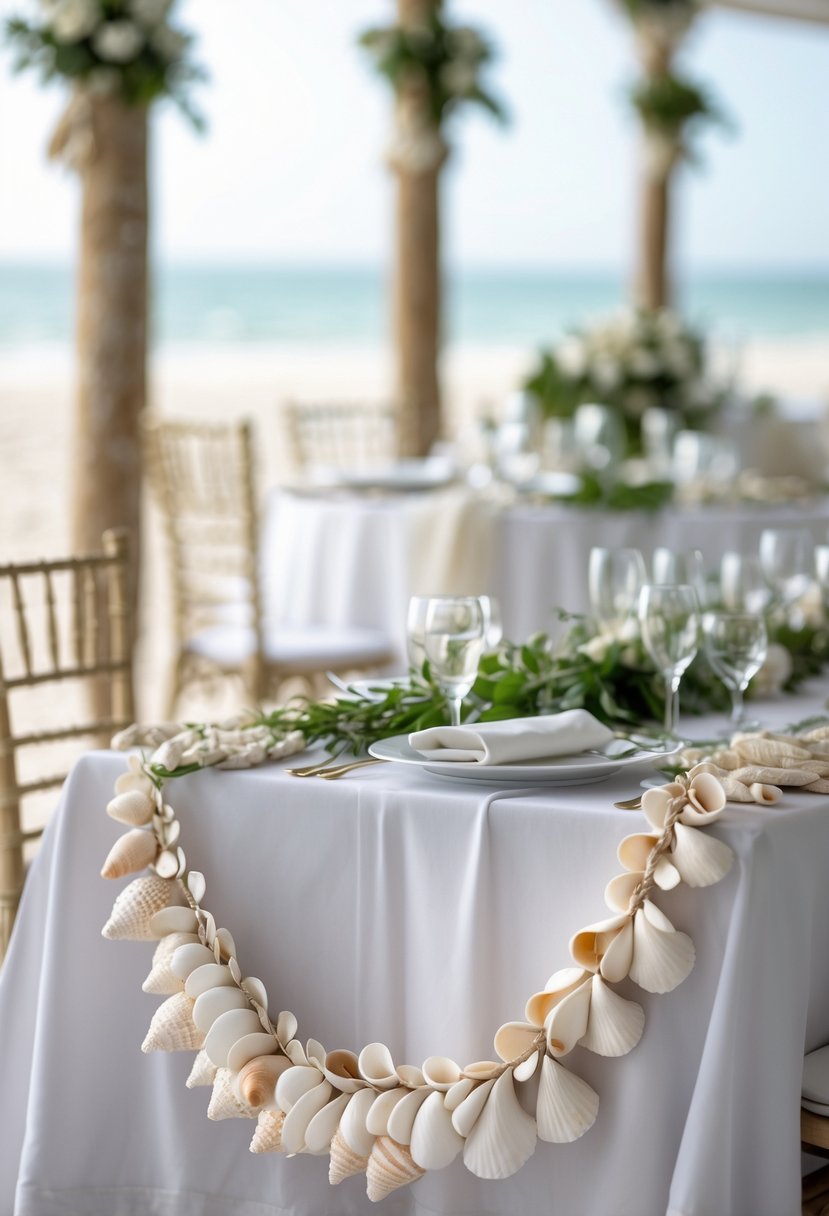 Wedding tables decorated with seashell garlands and nautical-themed accents near the beach.