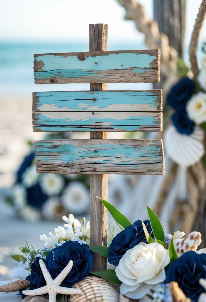 A weathered wooden sign surrounded by seashells, starfish, driftwood, rope, and floral decorations on a beach.