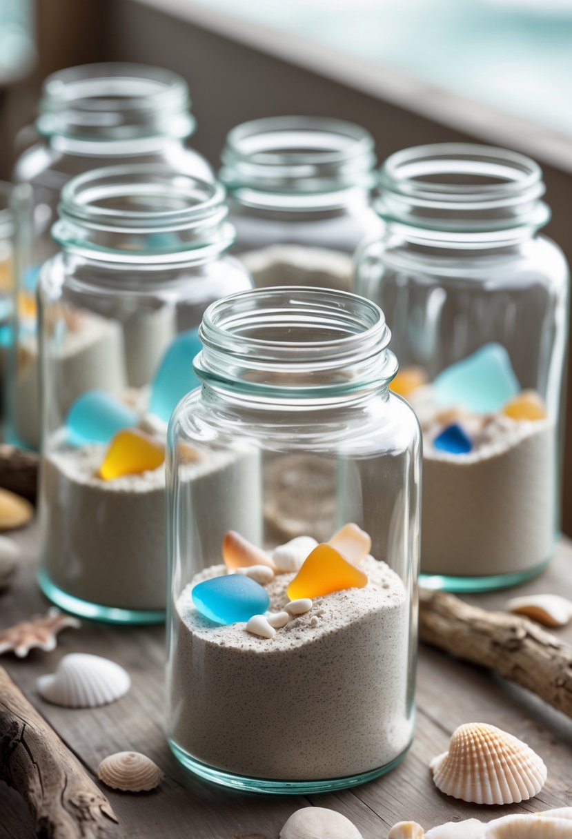 Glass jars filled with sand and colorful sea glass arranged on a wooden surface with seashells and driftwood.