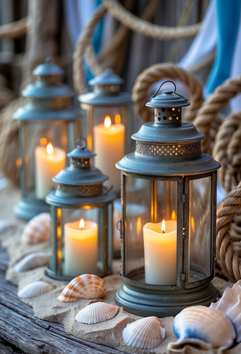 A group of vintage lanterns with glowing LED candles arranged with seashells and nautical decorations on a wooden surface.