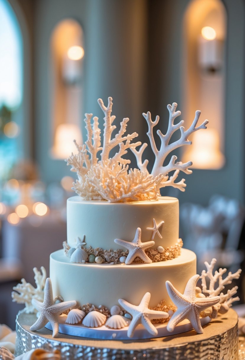 Wedding cake topped with coral and starfish decorations surrounded by nautical-themed wedding decor.
