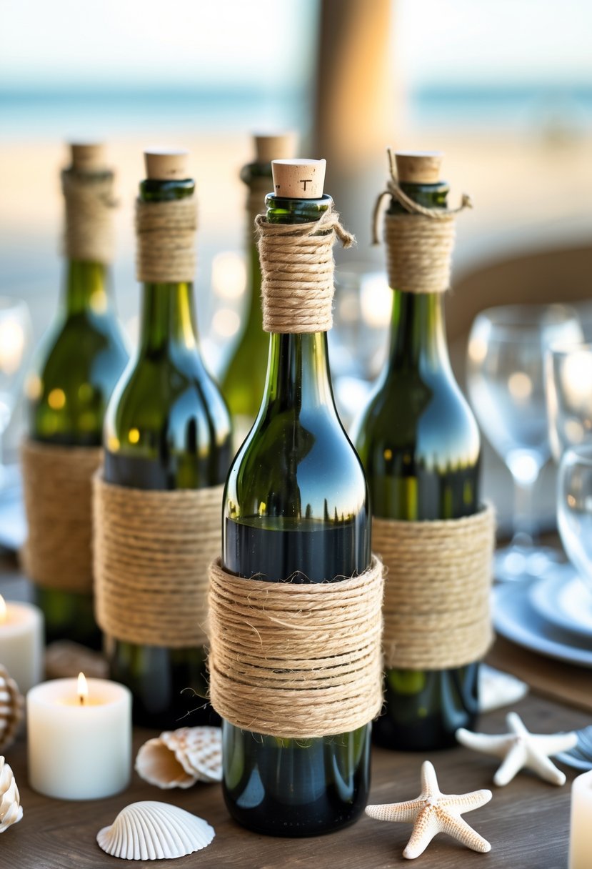 Wine bottles wrapped in twine arranged on a wooden table with seashells and candles, set against a blurred beach background.