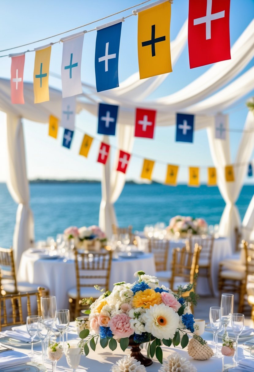 Outdoor wedding setup by the sea with colorful nautical flag banners hanging above decorated tables and floral arrangements.