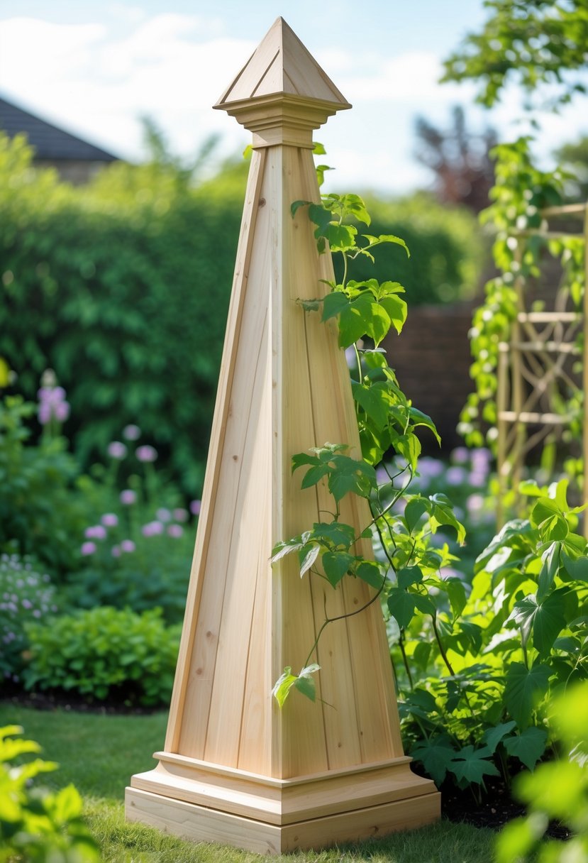 A wooden obelisk trellis with pyramid tops standing among green plants and flowering vines in a garden.
