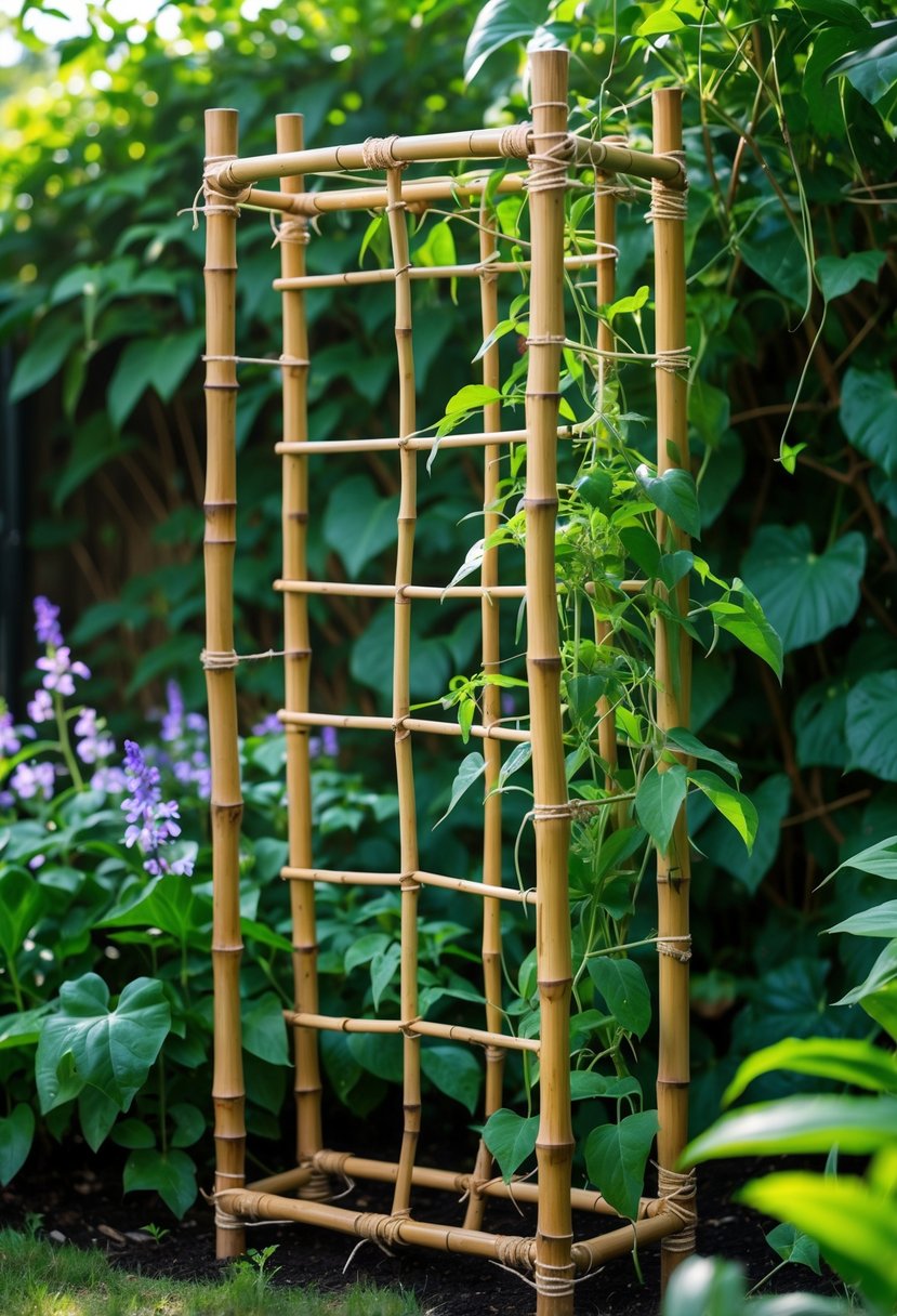 A bamboo trellis supporting climbing plants in a sunlit garden with green foliage.