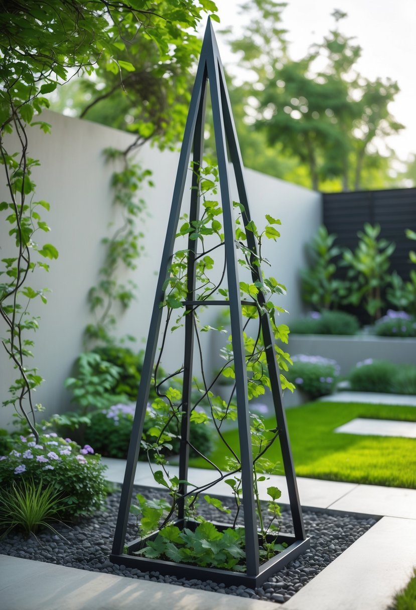 A metal frame obelisk trellis with climbing plants in a neatly maintained garden with grass and shrubs.