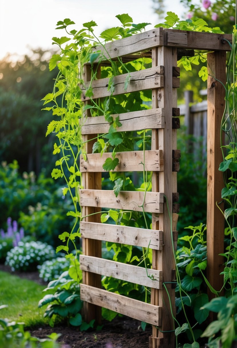 A wooden garden trellis made from recycled pallets surrounded by green plants and climbing vines in a garden.