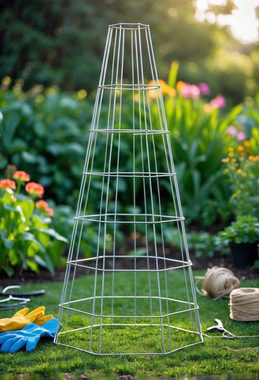 A wire-frame obelisk partially assembled in a garden, surrounded by gardening tools and plants.