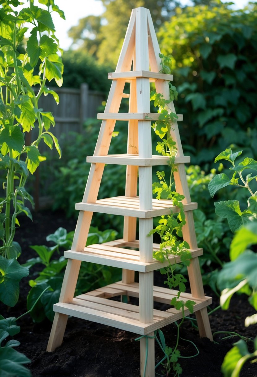 A wooden stepped ladder-style obelisk in a garden surrounded by green plants and climbing vines.