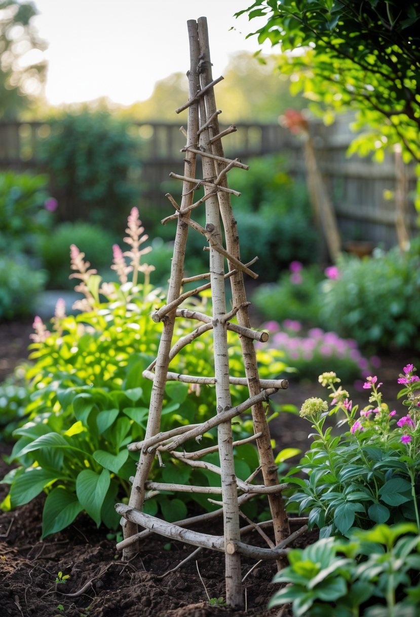 A rustic twig and branch obelisk standing in a garden surrounded by green plants and flowers.